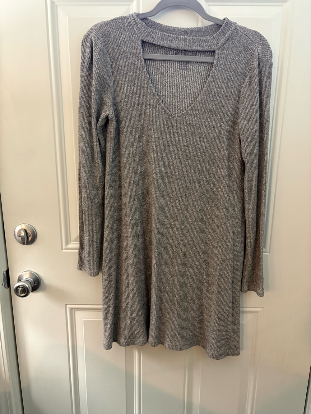 American Eagle Outfitters Grey Ribbed V-Neck Long Sleeve Dress